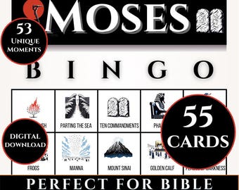 Moses Bibelbingo 55 kortspel för barn | Roliga utskrivbara bingokort för bibelstudier, söndagsskola, kyrkoaktiviteter, familjespelskväll