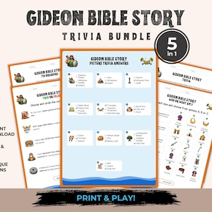 Könnte beinhalten: Ein Gideon-Bibelgeschichten-Quizpaket mit fünf druckbaren Aktivitätsblättern, die farbenfrohe Illustrationen, einen Antwortschlüssel für Bilderrätsel, Wahr-oder-Falsch-Fragen sowie ein Wer-oder-was-bin-ich-Spiel mit schwarzem Text enthalten.