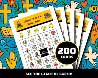 Jesus Heals a Blind Man Bingo Game – 200 Printable Cards with 35 Unique Miracle Moments | Bible Sight Bingo for Kids, Sunday School, Church