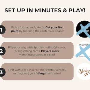 May include: A beige graphic with instructions for a game. The text reads "Set up in minutes & play!" with numbered steps. Step 1: Pick a format and print it. Step 2: Play with Spotify shuffle. Step 3: Yell "Bingo!" and win.