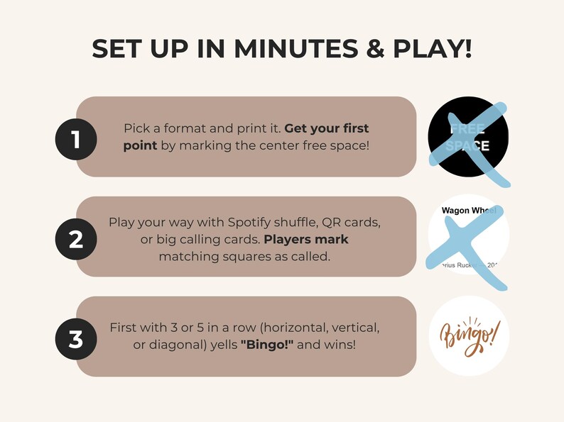 May include: A beige graphic with instructions for a game. The text reads "Set up in minutes & play!" with numbered steps. Step 1: Pick a format and print it. Step 2: Play with Spotify shuffle. Step 3: Yell "Bingo!" and win.