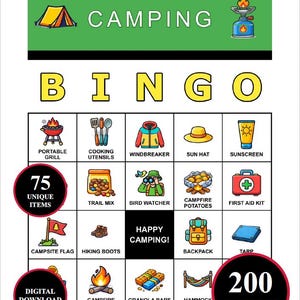 Pode incluir: Jogo de Bingo de acampamento com ilustrações coloridas de equipamentos e atividades de acampamento. Inclui imagens de uma tenda, fogueira, mochila e outros itens essenciais. O jogo inclui 75 itens exclusivos e 200 cartas.