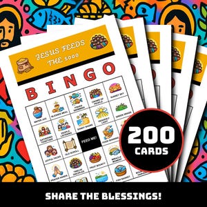 May include: A stack of Bingo cards with the text "JESUS FEEDS THE 5000" and various illustrations. The cards are white with red and black text. A black circle displays "200 CARDS". The background is colorful with religious imagery.