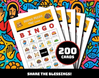 イエスが5000人に食事を与えたビンゴゲーム – 35のユニークな奇跡の瞬間が描かれた200枚の印刷可能なカード | 子供、日曜学校、教会向けの聖書に基づく食料供給ビンゴ