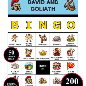 May include: A colorful "David and Goliath" themed Bingo game. The game board features illustrations of biblical scenes and characters, with the word "BINGO" in large yellow letters. Includes 50 unique items and 200 cards.