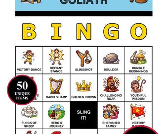 ダビデとゴリアテのビンゴゲーム – 50種類のユニークな物語の場面を収録した印刷可能なカード200枚 | 子供、日曜学校、教会グループ向けの聖書勝利ビンゴ