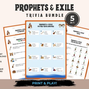 Könnte beinhalten: Ein Prophets & Exile Quiz-Paket bestehend aus fünf druckbaren Spielbögen mit orangefarbenen Rändern. Die Seiten enthalten Bilderrätsel, Richtig-oder-Falsch-Fragen sowie Identifikationsaufgaben mit Illustrationen historischer Figuren und Objekte.