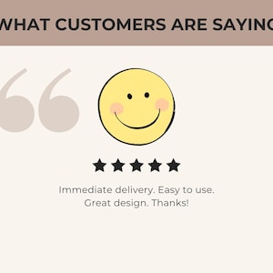 May include: Image with the text "WHAT CUSTOMERS ARE SAYING" above a yellow smiley face with five black stars below it. The text "Immediate delivery. Easy to use. Great design. Thanks!" is below the stars.