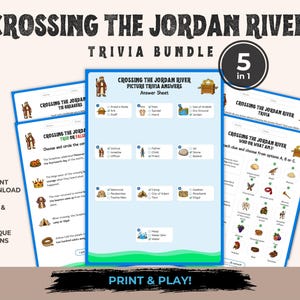 Pode incluir: Um pacote de trivia Crossing the Jordan River com cinco folhas de jogo imprimíveis com bordas azuis. As páginas contêm texto, ilustrações e caixas de seleção para respostas. O título principal é Crossing the Jordan River Trivia Bundle.