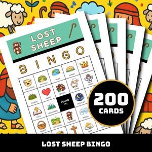 May include: A set of Lost Sheep Bingo game cards featuring a teal header with the text Lost Sheep and a shepherd staff icon. The grid contains colorful illustrations of a joyful face, heart, lamb, angel, crown, and other symbols. A black circle states 200 Cards.