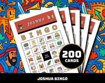 ヨシュア記とエリコの戦いビンゴゲーム – 35の勝利の瞬間を描いた印刷可能なカード200枚 | 子供、日曜学校、教会向けの聖書に基づく服従