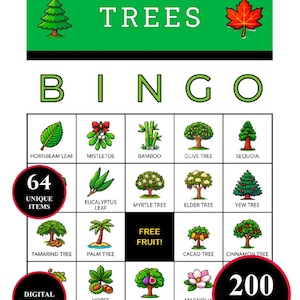 Puede incluir: Un juego de cartas de bingo "Árboles" con una pancarta verde en la parte superior y la palabra "TREES" en blanco. El juego incluye 64 elementos únicos y 200 cartas. La tarjeta presenta ilustraciones de varios árboles y plantas.