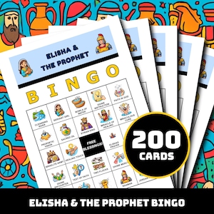 May include: A stack of "Elisha & The Prophet Bingo" cards. Each card features a bingo grid with illustrated squares and the word "BINGO" at the top. A circular graphic indicates "200 CARDS". The background is a colorful, cartoon-style design.