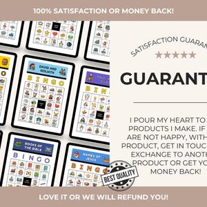 May include: Multiple tablets displaying colorful Bingo games with various themes like "The Great Banquet" and "David and Goliath." The image includes text that says "100% Satisfaction or Money Back!" and "Guarantee."