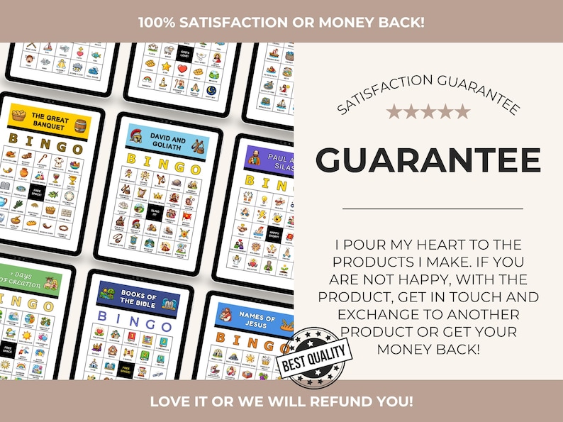 May include: Multiple tablets displaying colorful Bingo games with various themes like "The Great Banquet" and "David and Goliath." The image includes text that says "100% Satisfaction or Money Back!" and "Guarantee."