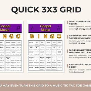 May include: A Gospel Music Bingo game with two game boards, each featuring a 3x3 grid of song titles. The game boards have a purple header with the words "Gospel Music" and musical notes. Text on the right side describes game features.