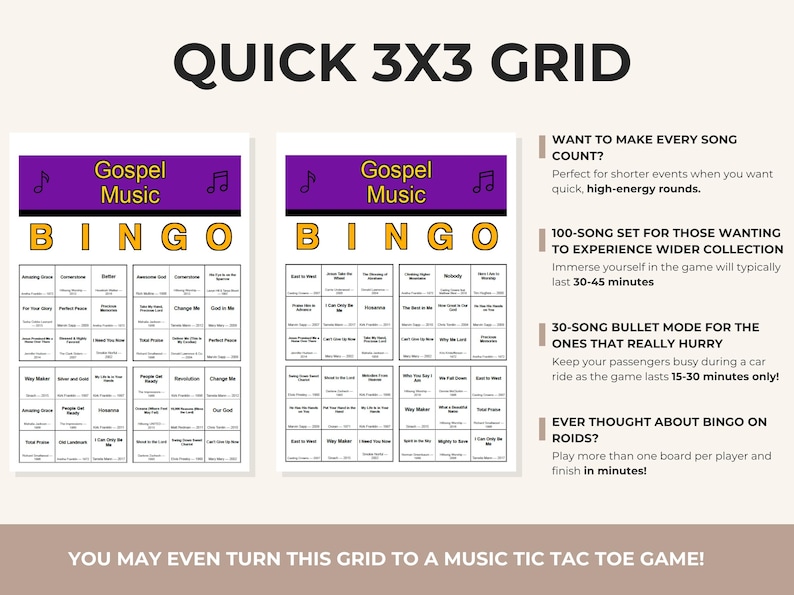 May include: A Gospel Music Bingo game with two game boards, each featuring a 3x3 grid of song titles. The game boards have a purple header with the words "Gospel Music" and musical notes. Text on the right side describes game features.