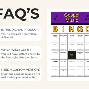 May include: A digital Gospel Music Bingo game with a purple header and yellow text. The game includes a grid of song titles and the word "BINGO" in large yellow letters. The image also includes FAQ's about the product.