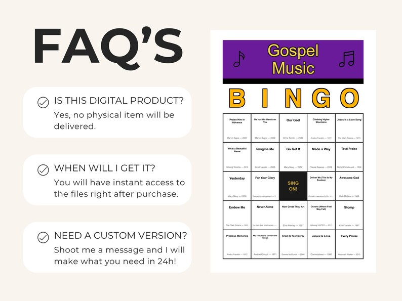 May include: A digital Gospel Music Bingo game with a purple header and yellow text. The game includes a grid of song titles and the word "BINGO" in large yellow letters. The image also includes FAQ's about the product.