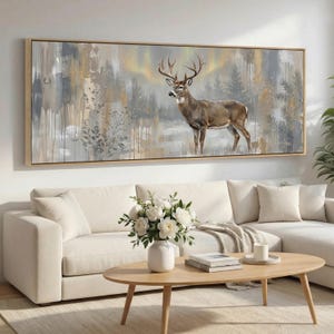 Pôster de parede com veado, tela artística com cervo na floresta nevada, decoração panorâmica de parede com tema de vida selvagem, paisagem de inverno com aurora boreal, arte horizontal longa para colocar acima do sofá-cama.