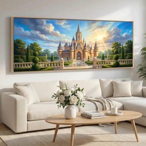 May include: A framed canvas art print shows a fairytale castle with tall spires, set against a bright blue sky with fluffy clouds and a radiant sun. The castle is surrounded by manicured gardens and a white fence. The artwork is displayed above a white sofa.
