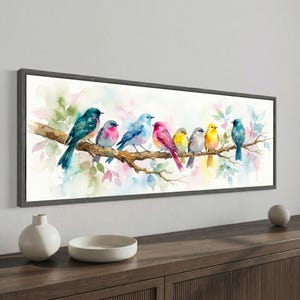 Puede incluir: Pintura a la acuarela de ocho pájaros coloridos posados en una rama. Los pájaros son en tonos de azul, rosa, amarillo y gris, con un fondo pastel suave de hojas y flores. La obra de arte está enmarcada en un marco rectangular gris oscuro.