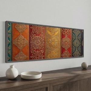 Extra Wide Moroccan Canvas Wall Art, Colorful Geometric Moorish Pattern with Gold Accents, Boho Eclectic Decor