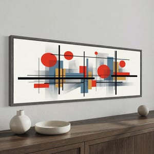 Panorama Bauhaus Canvas Wall Art, Geometric Grid Abstract, Red Circle Color Block, Extra Wide Horizontal Mid Century Modern Decor