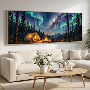 Campsite Wall Art, Campfire Wall Art With Tent In Pine Forest, Aurora Glow Canvas Print, Rustic Lodge Decor, Ready To Hang