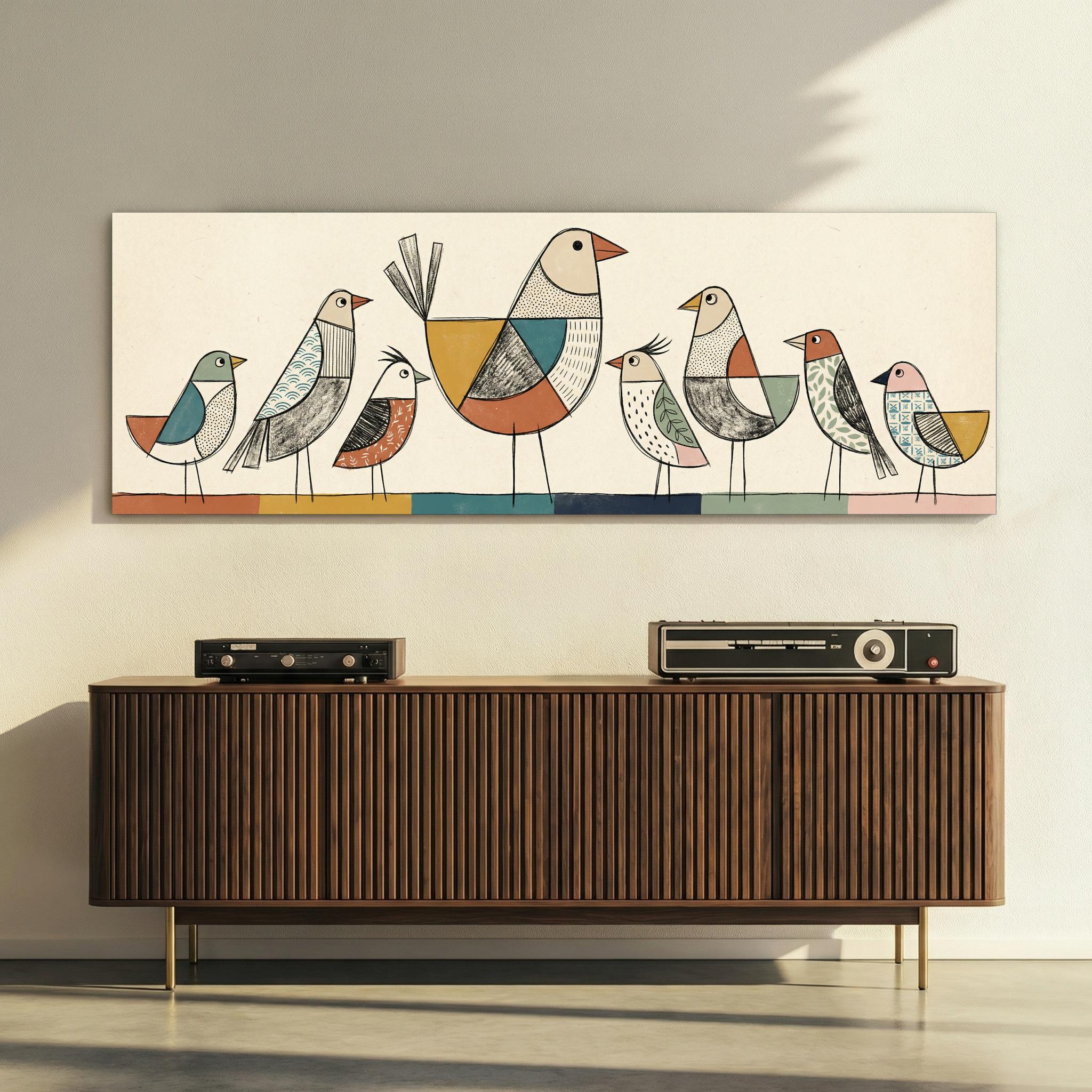 Mid Century Modern Birds on Wire Framed Panoramic Wall Art, Wide Color ...