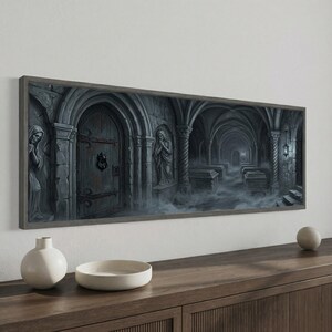 May include: A panoramic wall art print depicting a dark, stone-walled crypt with arched doorways, a wooden door featuring a metal knocker, stone statues of hooded figures, and several stone sarcophagi resting on the floor amidst thick grey fog.