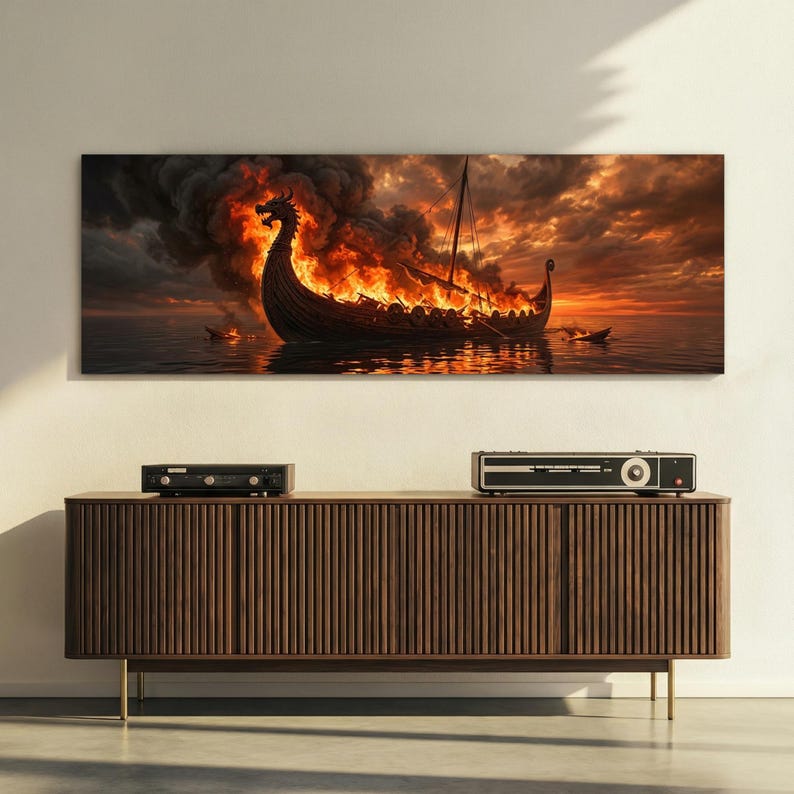 Viking Ship Fire Panoramic Canvas Wall Art Burning Ship Art Norse 
