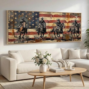 Old Glory Rustic American Flag Canvas Art, Cowboy Riders Western Horse Scene, Extra Wide Panoramic Wall Decor