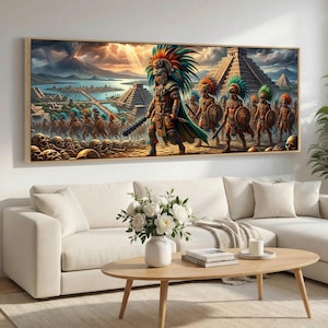 Könnte beinhalten: Ein panoramischer Wandkunstdruck, der eine Gruppe antiker Krieger mit Federkopfschmuck und Rüstung vor einer Steinpyramide zeigt. Die Szene umfasst eine Vulkanlandschaft, ein Gewässer und einen Vordergrund, der mit menschlichen Schädeln gefüllt ist.