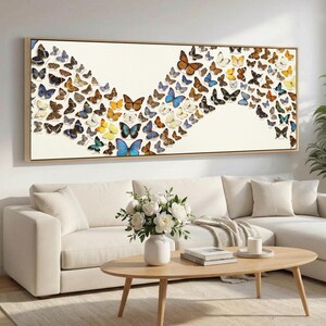 Butterfly World Map Canvas Wall Art, Extra Wide Panoramic Nature Collage, Neutral Boho Decor, Framed or Gallery Wrap