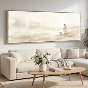 Jesus lämnar de 99 inramade canvastavlor, förlorade får och herde, neutral beige panoramaväggdekor, extra bred kristen konst