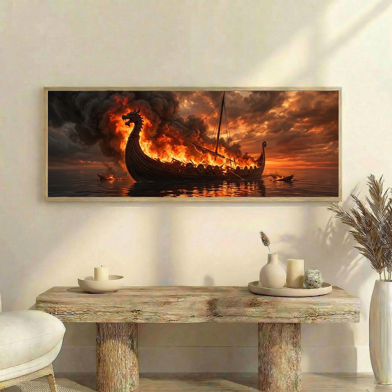 Viking Ship Fire Panoramic Canvas Wall Art Burning Ship Art Norse 