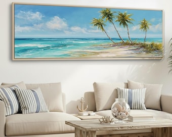 Könnte beinhalten: Ein Ölgemälde zeigt eine tropische Strandszene mit Palmen, türkisfarbenem Wasser und einem hellblauen Himmel mit flauschigen weißen Wolken. Das Kunstwerk ist in einem hellen Holzrahmen gerahmt.