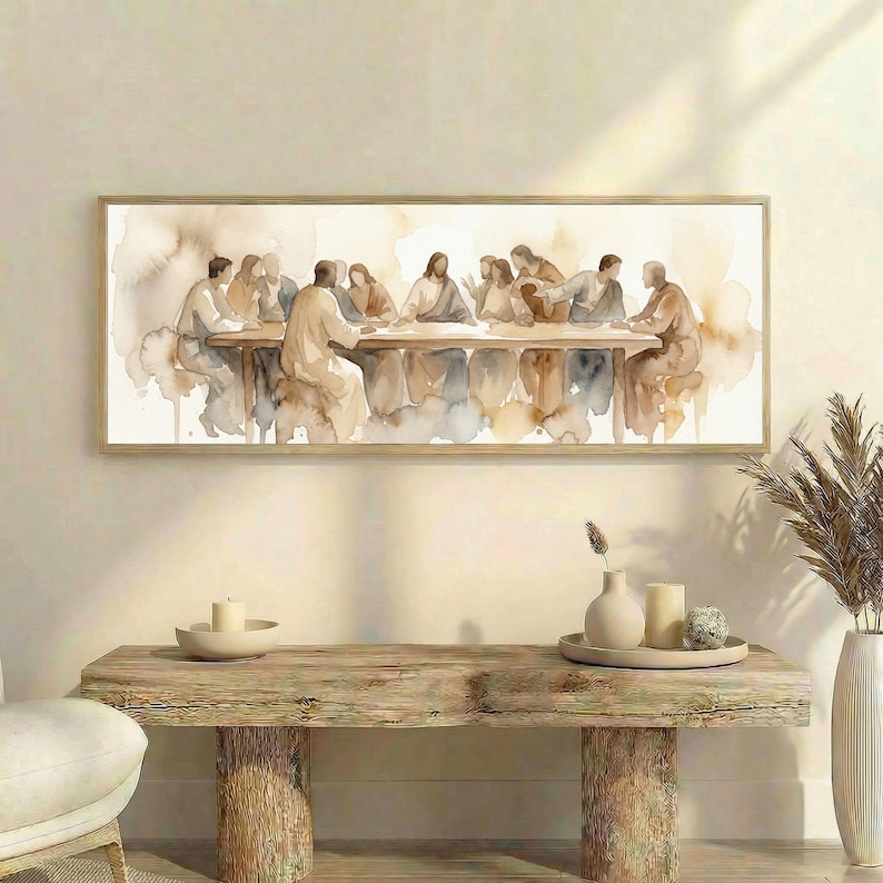 K&ouml;nnte beinhalten: Gerahmtes Aquarellgem&auml;lde des Letzten Abendmahls. Das Kunstwerk zeigt Figuren, die an einem langen Tisch sitzen, in ged&auml;mpften Braun-, Beige- und Blaut&ouml;nen. Das Gem&auml;lde ist ein rechteckiges, horizontales St&uuml;ck.