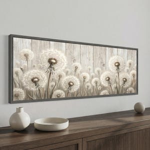 Maskrosträ-canvasväggkonst, beige boho panoramacanvas i inramad stil, luftig neutral dekoration för ovanför sängen eller soffan, redo att hängas