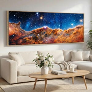 Pillars of Creation Canvas Print, Cosmic Cliffs Space Telescope Wall Art, Panoramic Nebula Galaxy Stars, Extra Wide Canvas