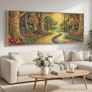 May include: A large, rectangular framed artwork shows a colourful forest scene. A winding path and river are surrounded by trees and flowers. The colour palette includes gold, green, red, and blue hues, creating a whimsical atmosphere. The artwork is framed in a light wood.