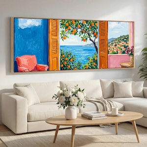 Fauve Open Window Canvas Wall Art, Mediterranean Sea View, Orange Grove, Riviera Coastal Wide Panoramic Giclee Canvastter ar