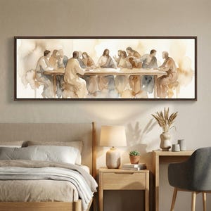 K&ouml;nnte beinhalten: Aquarellmalerei, die eine Gruppe von Personen zeigt, die an einem langen Tisch sitzen. Das Kunstwerk verwendet eine ged&auml;mpfte Farbpalette aus Braun-, Beige- und Blaut&ouml;nen mit einem dunkelbraunen Rahmen. Die Szene deutet auf einen historischen oder religi&ouml;sen Kontext hin.