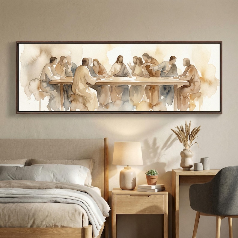 K&ouml;nnte beinhalten: Aquarellmalerei, die eine Gruppe von Personen zeigt, die an einem langen Tisch sitzen. Das Kunstwerk verwendet eine ged&auml;mpfte Farbpalette aus Braun-, Beige- und Blaut&ouml;nen mit einem dunkelbraunen Rahmen. Die Szene deutet auf einen historischen oder religi&ouml;sen Kontext hin.