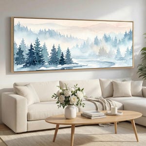 Winter Mist Forest Framed Canvas Print, Wide Panoramic Wall Art, Blue Watercolor Pine Landscape for Above Sofa Bedroom Decor