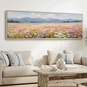 Stampa di cielo con prato rosa, tela con fiori selvatici extra large, stampa da parete con paesaggio montano incorniciato, decorazione panoramica sopra il divano