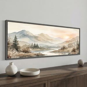 Neutral Beige Mountain Watercolor Canvas Wall Art, Wide Panoramic Landscape, Hazy Misty Peaks, Over Bed Above Sofa Decor, Ready To Hang