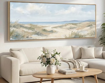Extra breite neutrale Strand-Leinwand-Kunst, Gedämpfte Ozean-Ufer-Meereslandschaft, Luftige Küstenlandschaft, große horizontale gerahmte Leinwand