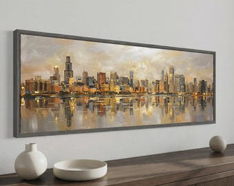 Obraz ścienny na płótnie „Wind City Art Chicago Skyline”, metaliczny, z efektem złotej folii, z odbiciem panoramy Chicago, gotowy do powieszenia